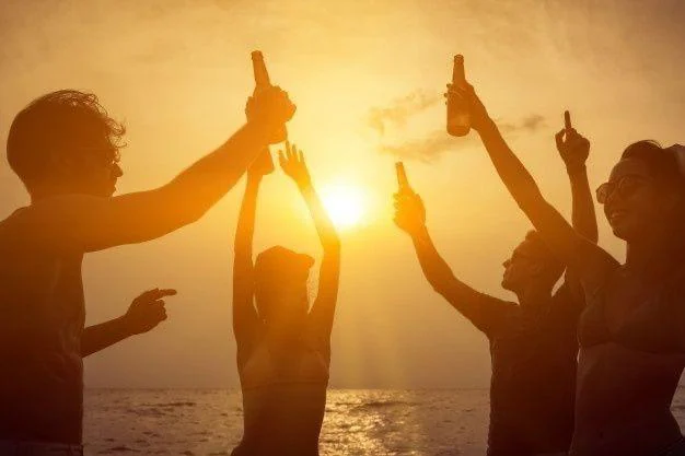 Amigos brindando durante el sunset